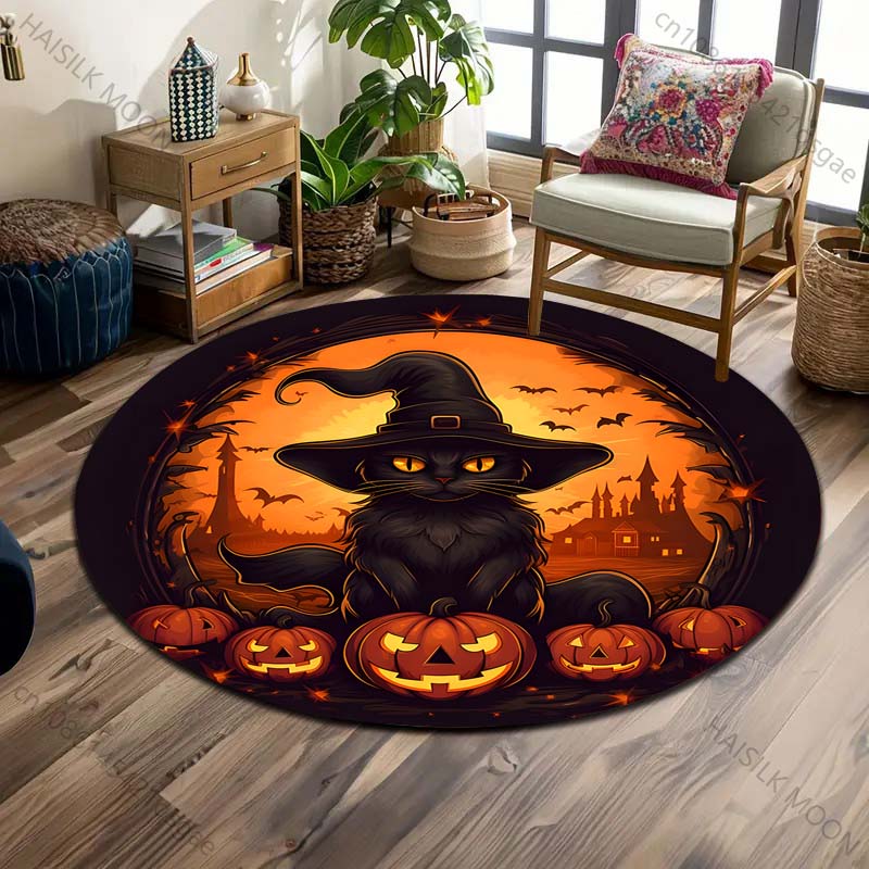 Pumpkin Head Bat Castle Halloween Round Carpet Floor Mat Suitable for Children's Bedroom Decor Living Room Round Rugs for Gifts