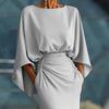 Dames Geplooide Bootnek Bruiloftsgast Jurk, Backless Vleermuis 3/4 Mouw Bodycon Lange Jurk, Formele Feest Cocktail Prom Jurk