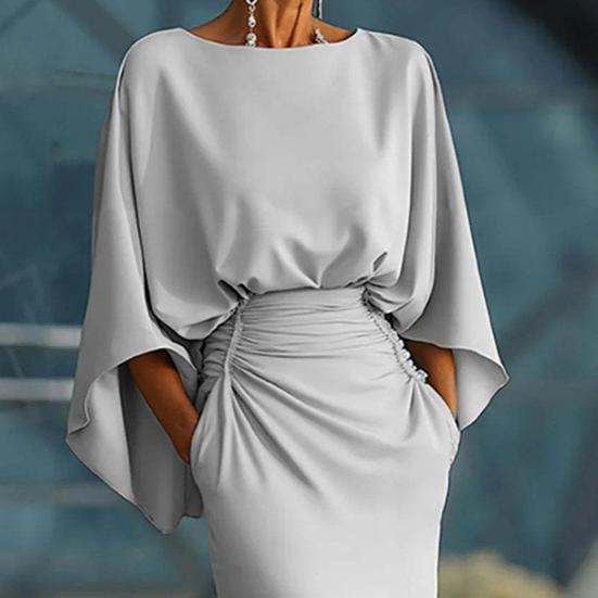 Dames Geplooide Bootnek Bruiloftsgast Jurk, Backless Vleermuis 3/4 Mouw Bodycon Lange Jurk, Formele Feest Cocktail Prom Jurk