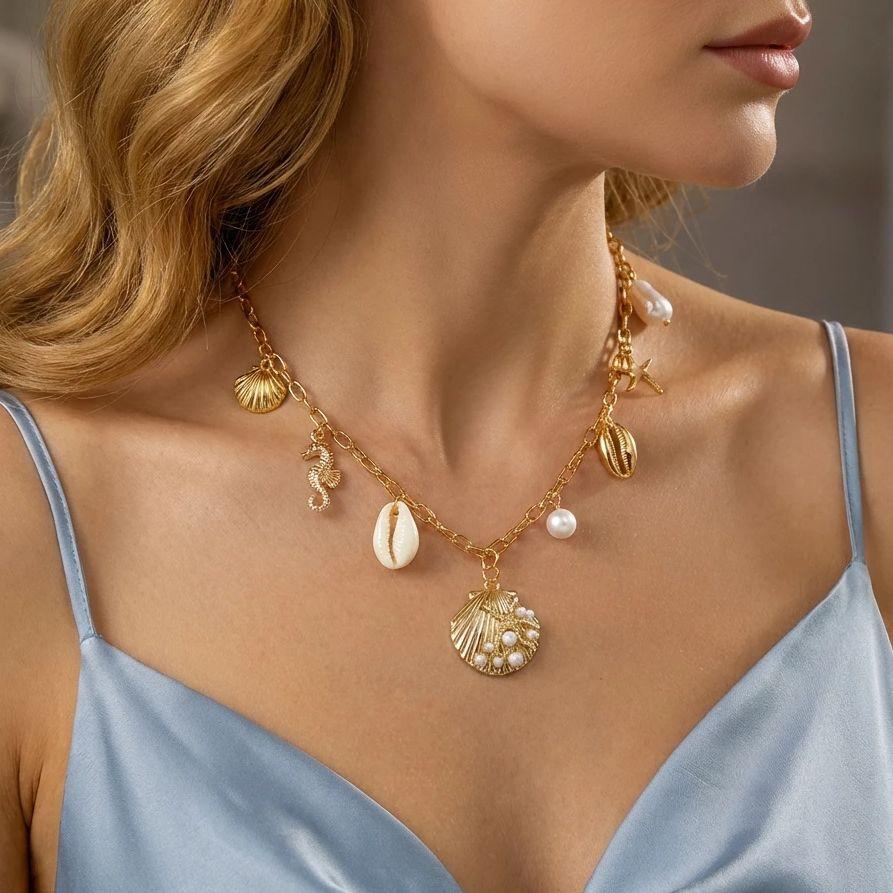 Bohemian Metal Starfish Shell Pendant Necklace For Women Trendy Summer Beach Pearl Conch Turtle Choker Girls Party Jewelry Gift