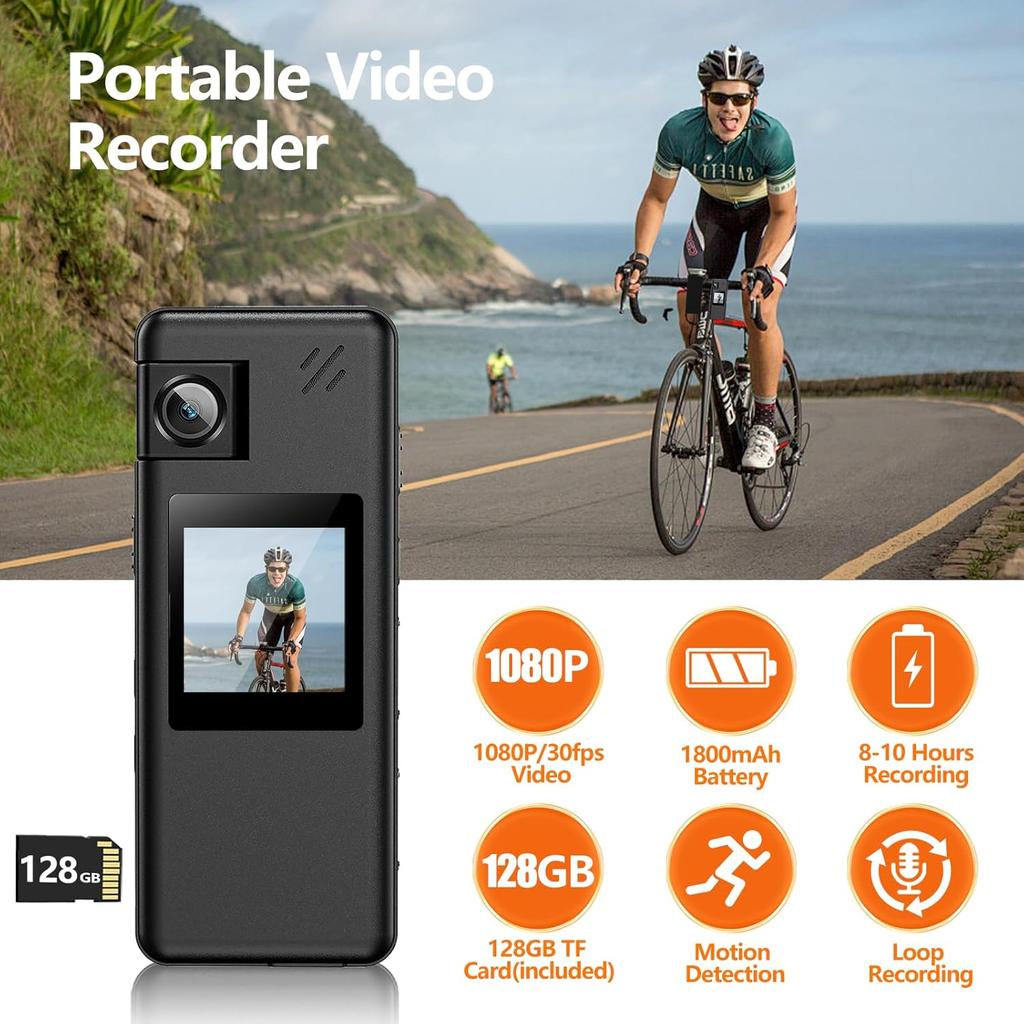 A32 128GB Tělová kamera, Přenosná tělová kamera s otočným objektivem o 180° a detekcí pohybu, 1080P videokamera s nahráváním zvuku a videa pro venkovní použití