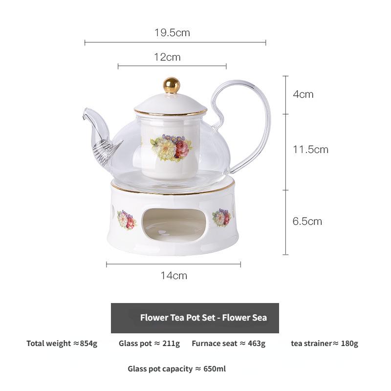 Light Luxury British Afternoon Tea Set with Glass Flower Tea Pot Set, Ceramic Stove, Candle Heating, Fruit Soaking Tea Pot