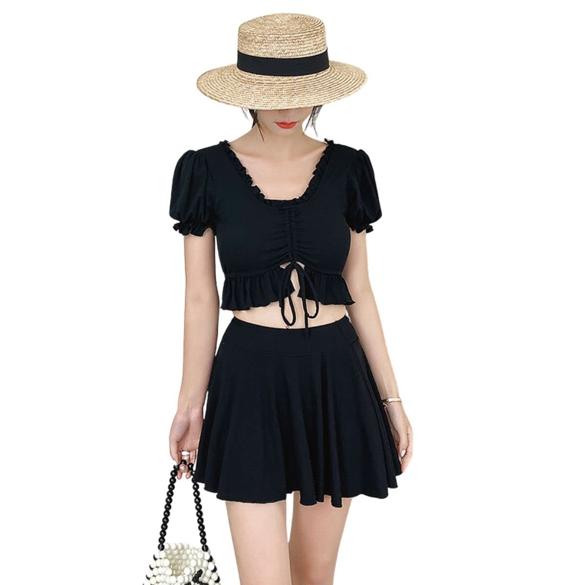 

Высокий бюстье для тела, купальник для горячих источников [Winsuteki], женский купальник, бикини, юбка, шорты, комплект из 3 предметов, 2 способа ношения, талия, закрывающий, стиль, чёрный