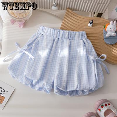 Shorts d'été à carreaux et motifs de boutons de fleur pour filles, style coréen ample avec décoration nœud, à la mode et polyvalents
