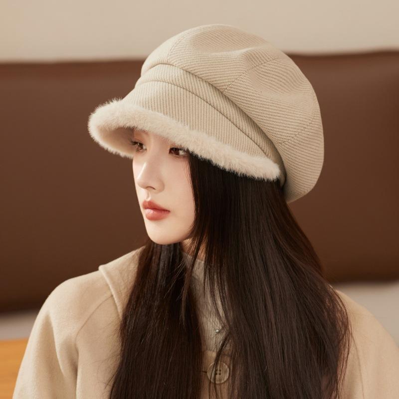 Thickened Plush-edged Octagonal Hat Female British Fashion Painter Hat Autumn and Winter Japanese Newsboy Hat
