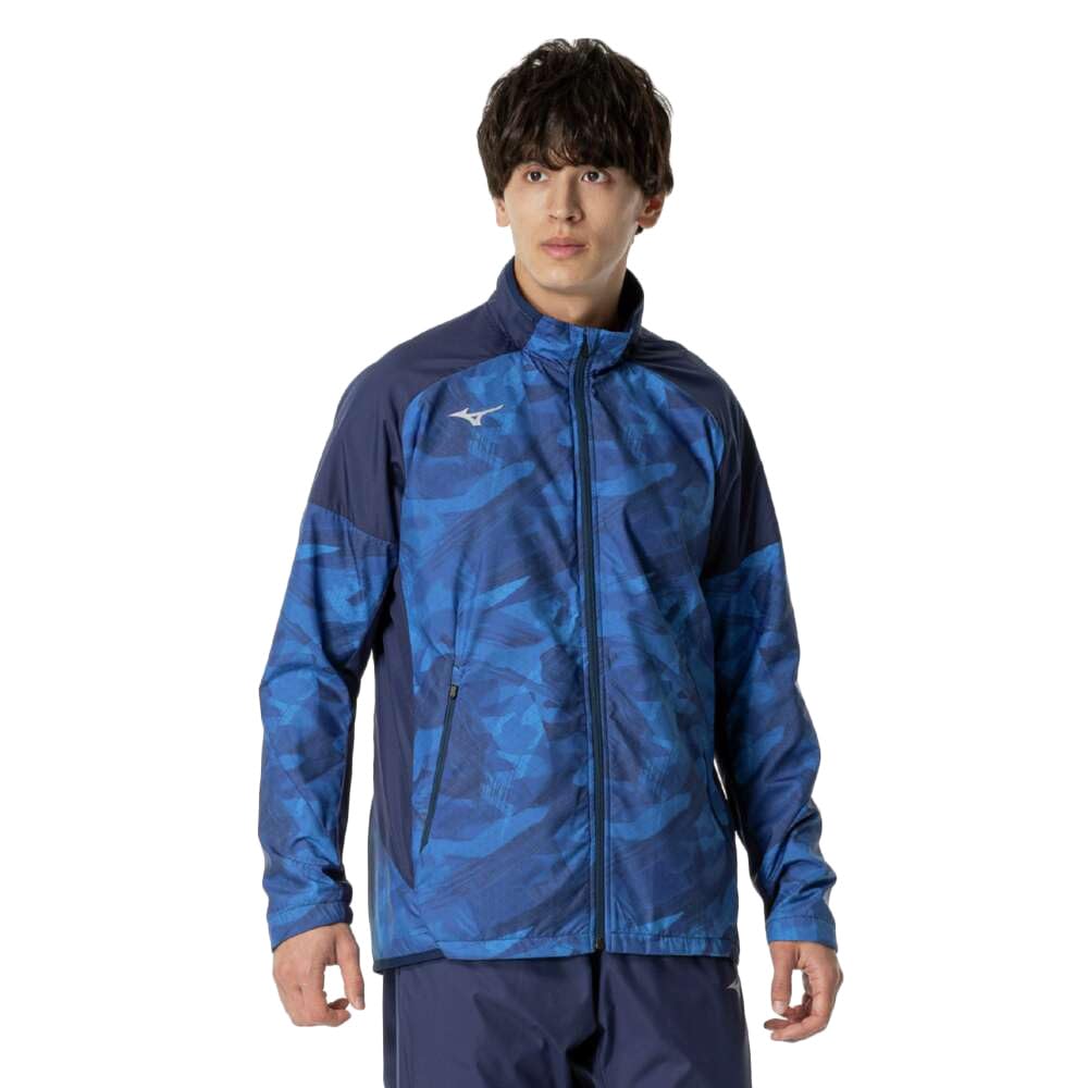 Mizuno Breath Thermo Warmer Training Pageant Blue Jacket, Moisture-Wicking, Water-Repellent, Windproof, Brushed, 32MEB541, Men's,