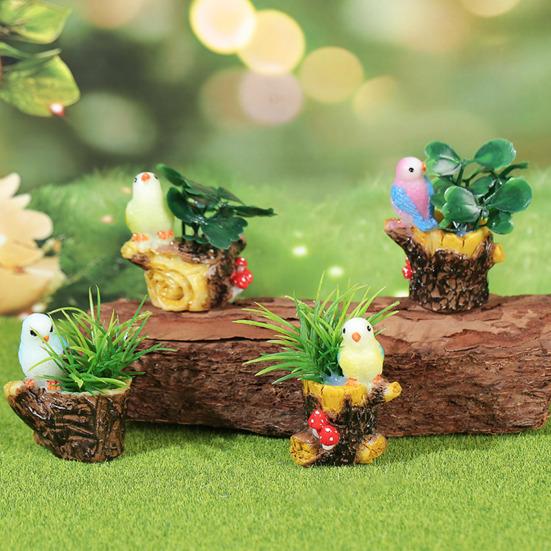 Miniatur-Feengarten-Zubehör Mini Harz Baumstumpf Figur mit Vogel Und Künstliche Pflanzen für DIY Moos-Terrarien Basteln Heimdekoration