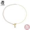 ORSA JEWELS Unique 925 Silver Natural Pearl Choker Necklace with Zircon Vintage Link Necklace for Women Chain Jewelry GPN92