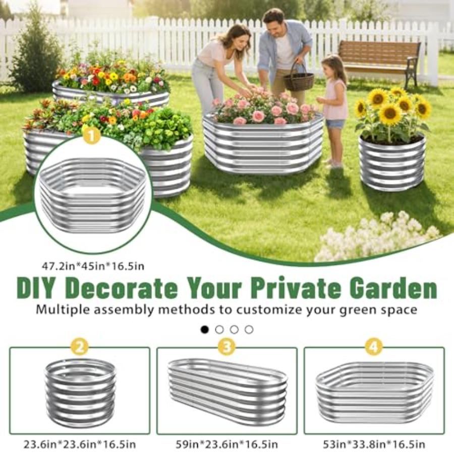 4FT X 1.5FT Hexagon Raised Garden Bed 48 Inch Diagonal 16.5 Inch Tall Galvanized Steel Planter Box with Wave-Shaped Metal Panel