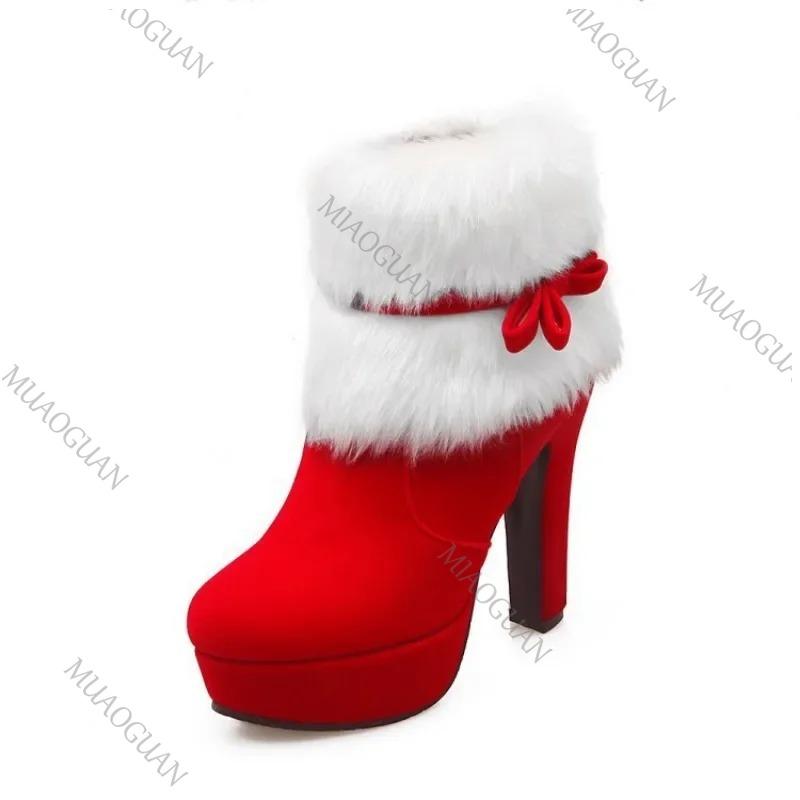 Fashion 2025 Winter New Women Fur Boots Waterproof Platform High Heel Thick Cotton Boots Bow Decorative Comfortable Christmas Red Botas