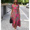 Women Floral Print Long Dresses Summer Sexy V Neck Split Lace-up Dress Female Casual Elegant Short Sleeve Beach Dress Vestidos