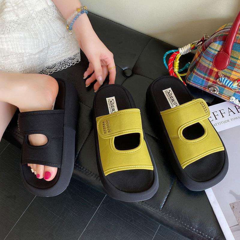 Thick-bottomed cloth Velcro one-word slippers women's 2025 spring and summer new outer wear versatile casual cool slippers
