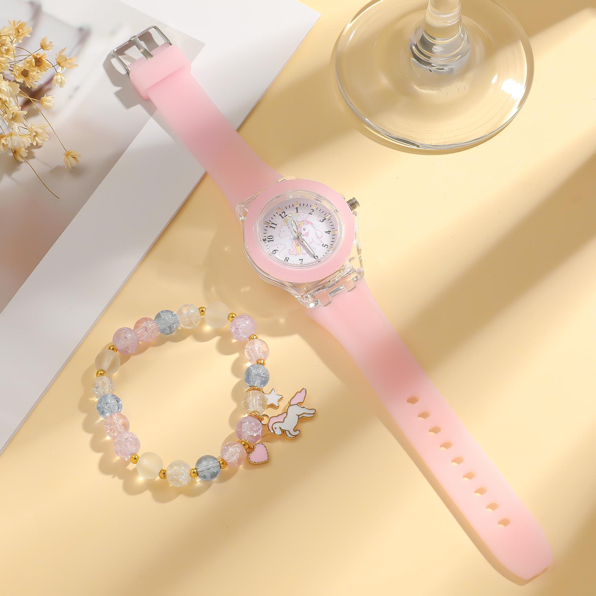 

No gift box set of two: a girly pink watch and a pink pony pendant bracelet, perfect for a holiday or birthday gift розовый