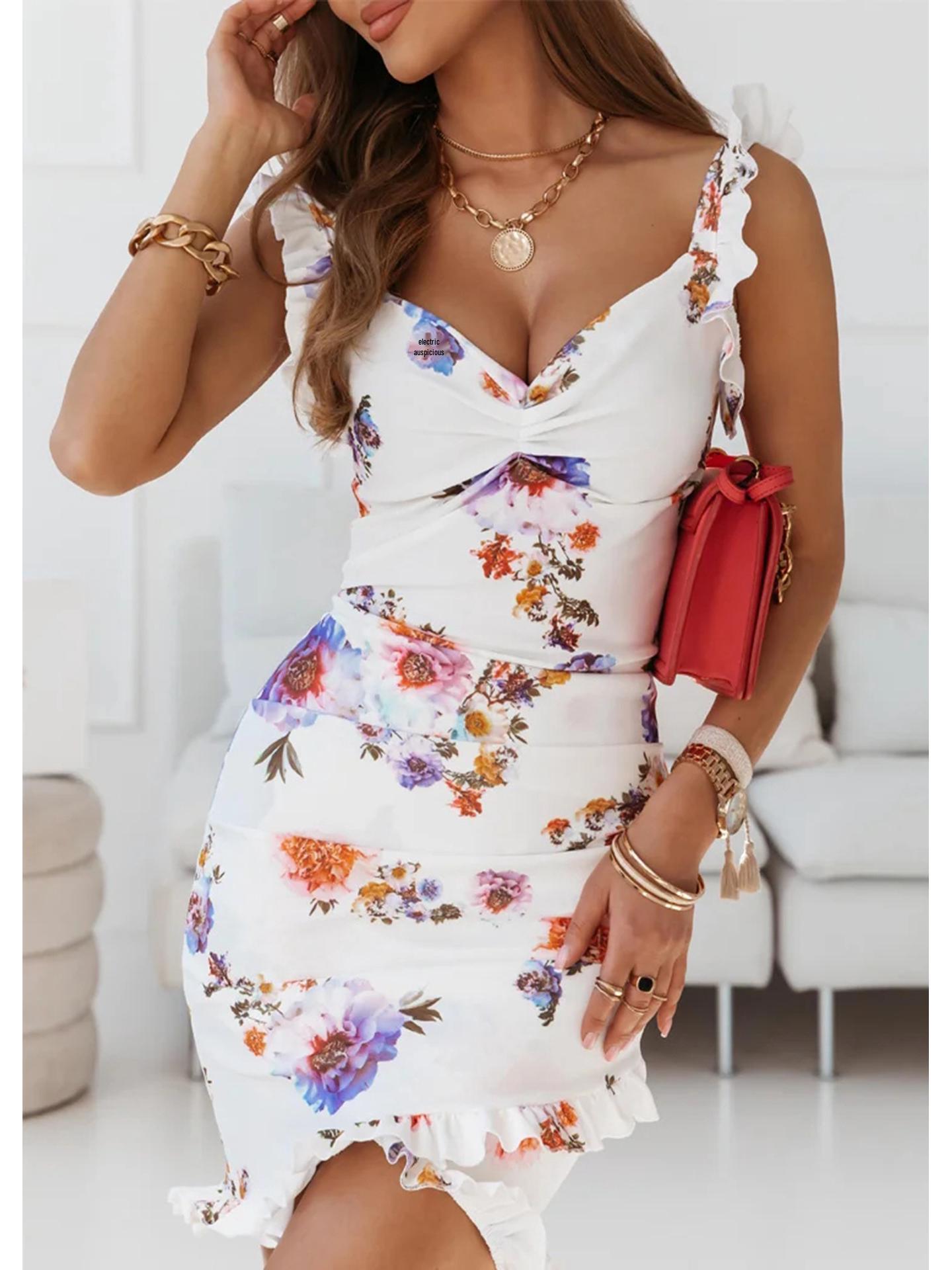 

2025 Платье-бодикон с оборками, без рукавов, с V-образным вырезом, с цветочным принтом - Коллекция Весна/Лето Medium