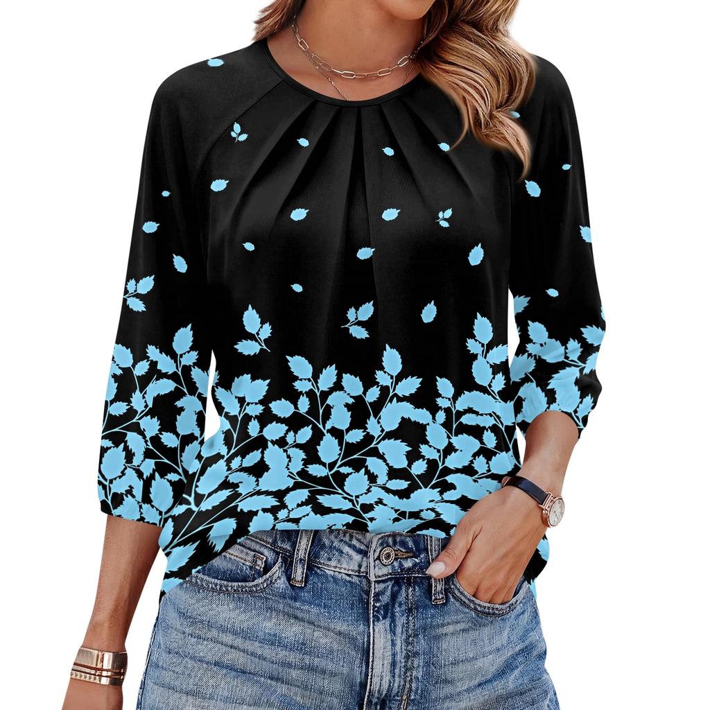 Women's Floral Print 3/4 Sleeve Round Neck Pleated T-Shirt Top Casual Loose Fit Lightweight Blouse