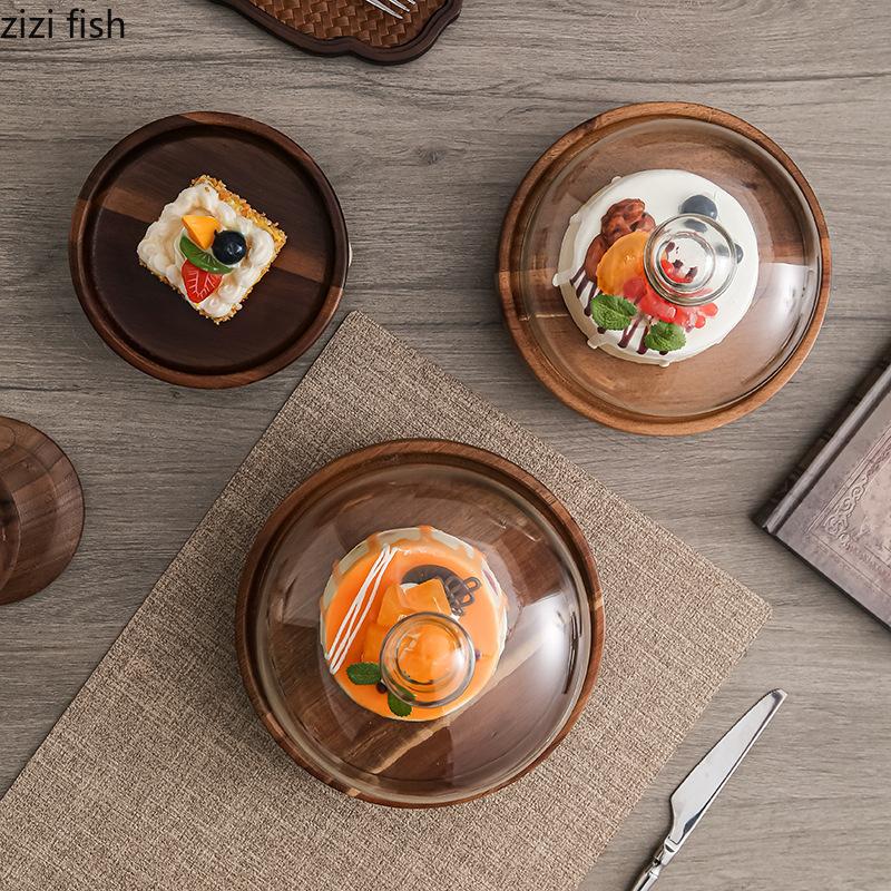 Wooden High Footed Cake Tray Dim Sum Dish Dessert Plate Cake Stand Fruit Bowl Bread Plate Show Plates Dust Proof Glass Cover
