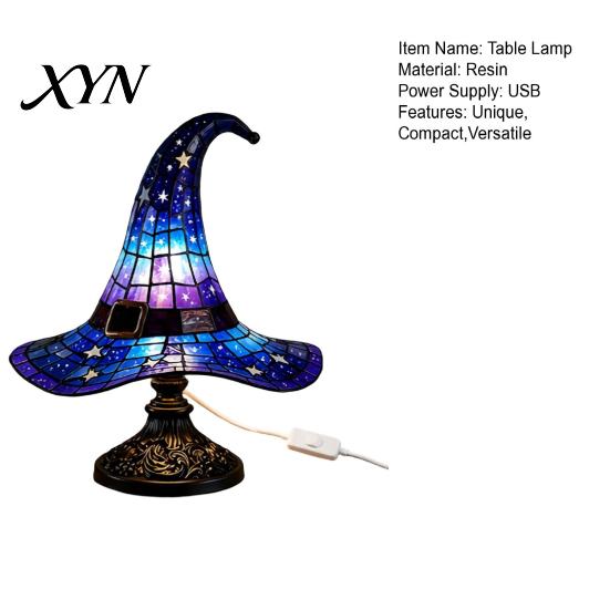 Halloween Decoration Lamp Witch Hat Table Lamp, USB Powered LED Bedside Light, Resin Gothic Night Light for Bedroom, Living Room, Shelf Decor