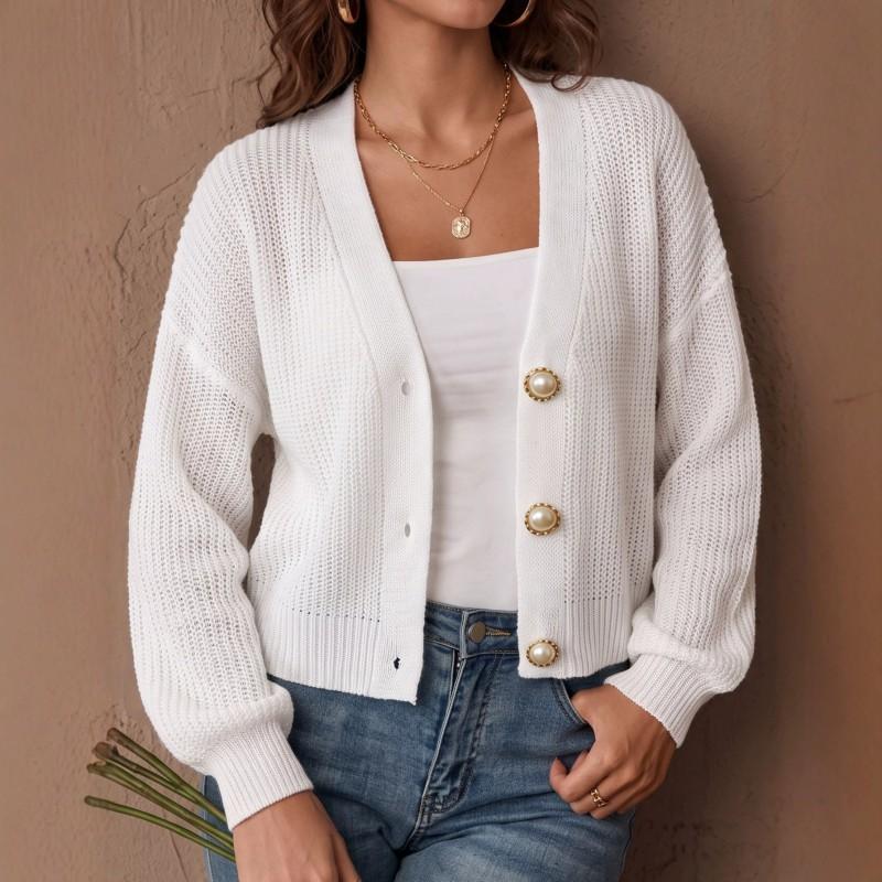 Womens Short Knit Cardigan Fall Winter Casual V-Neck Pearl Button Sweater