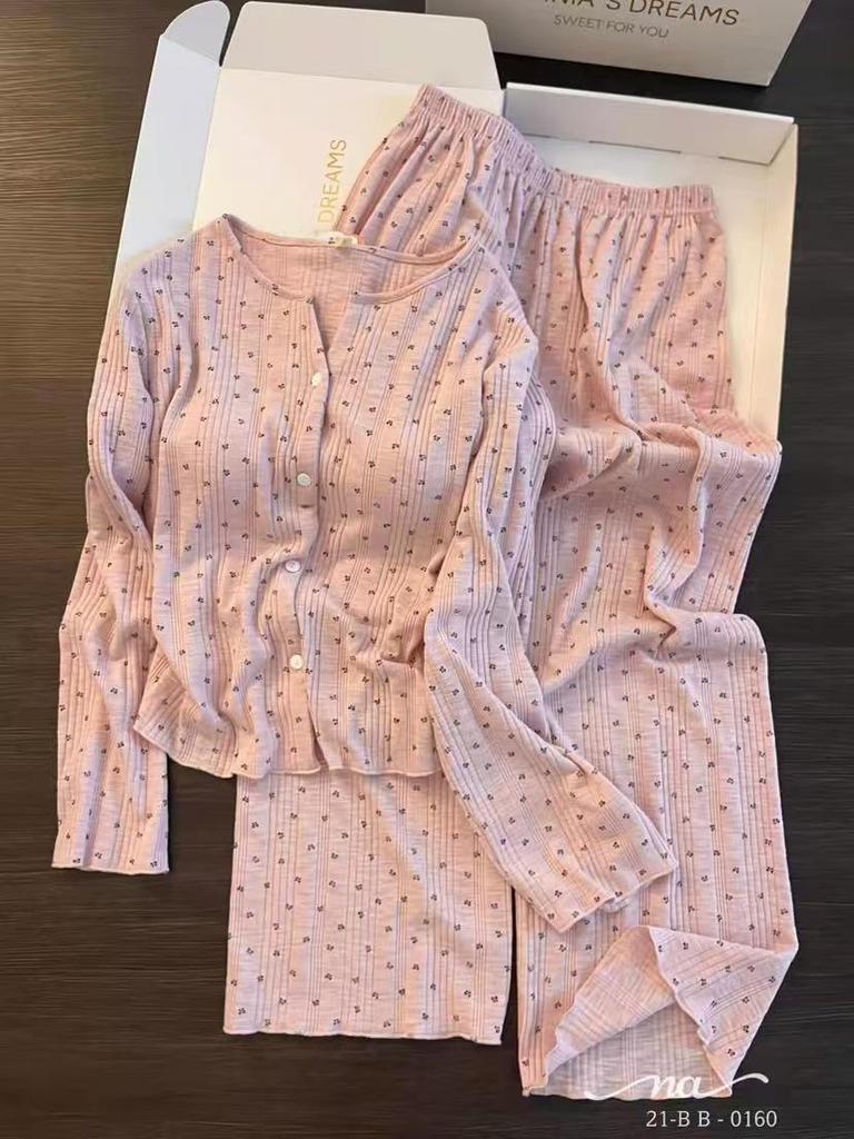 Korean Floral Cotton Pajama Set for Women with Chest Pads - Pink, Autumn 2025