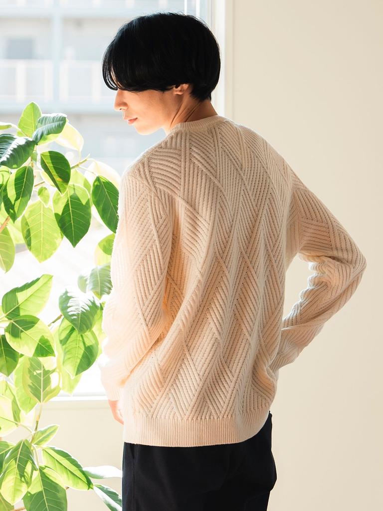 Beams Heart Men's Large/Small Knit Geometric Print Crew Neck Knit, OFF_WHT, Size M