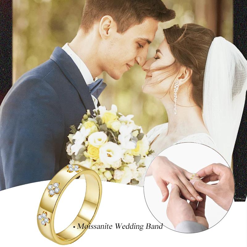 BAMOER 925 Silver Lucky Clover Moissanite Ring, Gold Plated D Color Round Cut Wide Band Ring for Women Wedding Gift