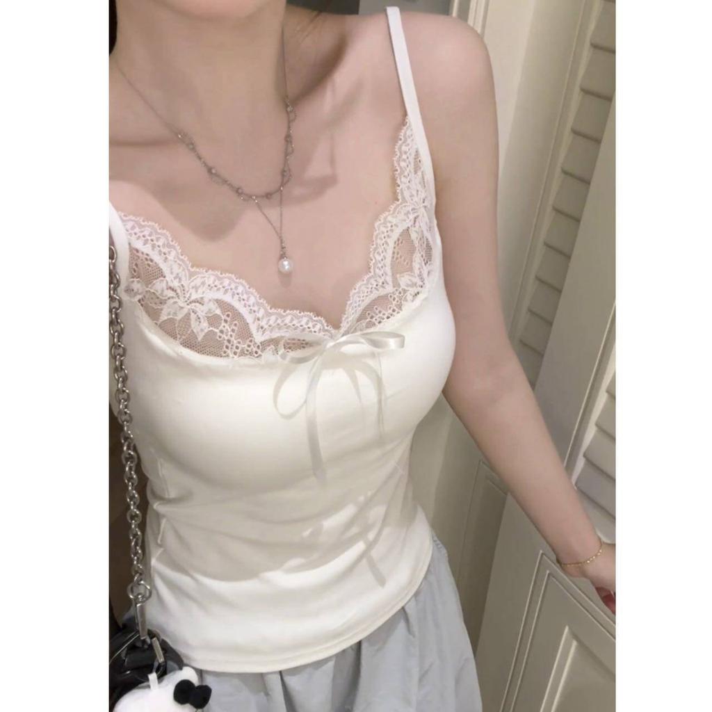 Women Spaghetti Strap Camisole Top Generic Lace Trim Bow Decor Soft Slim Fit Cami Tank Top, White Apricot Yellow Pink Black Gray Blue