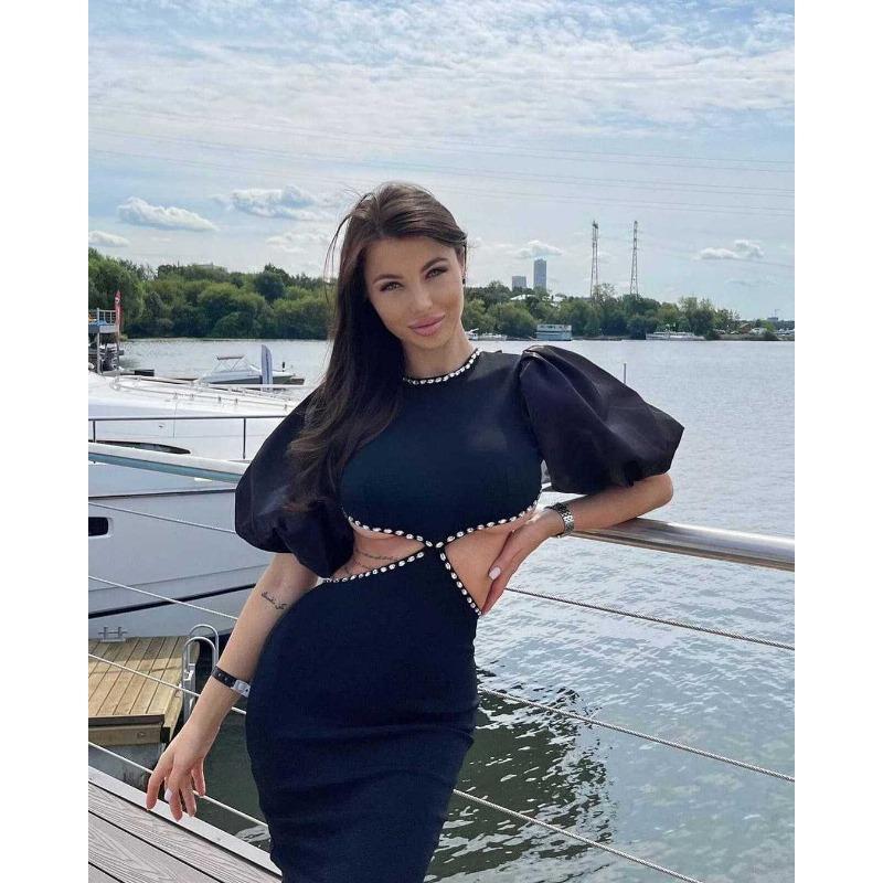 

Новое платье без спинки с бантом, на молнии, пушистое, с короткими рукавами, длинное, бандажное, банкетное, женское XL чёрный