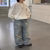 Wood Sheep Spring 2025 Kids' Wide-Leg Jeans with Ripped Hems - Trendy for Boys and Girls