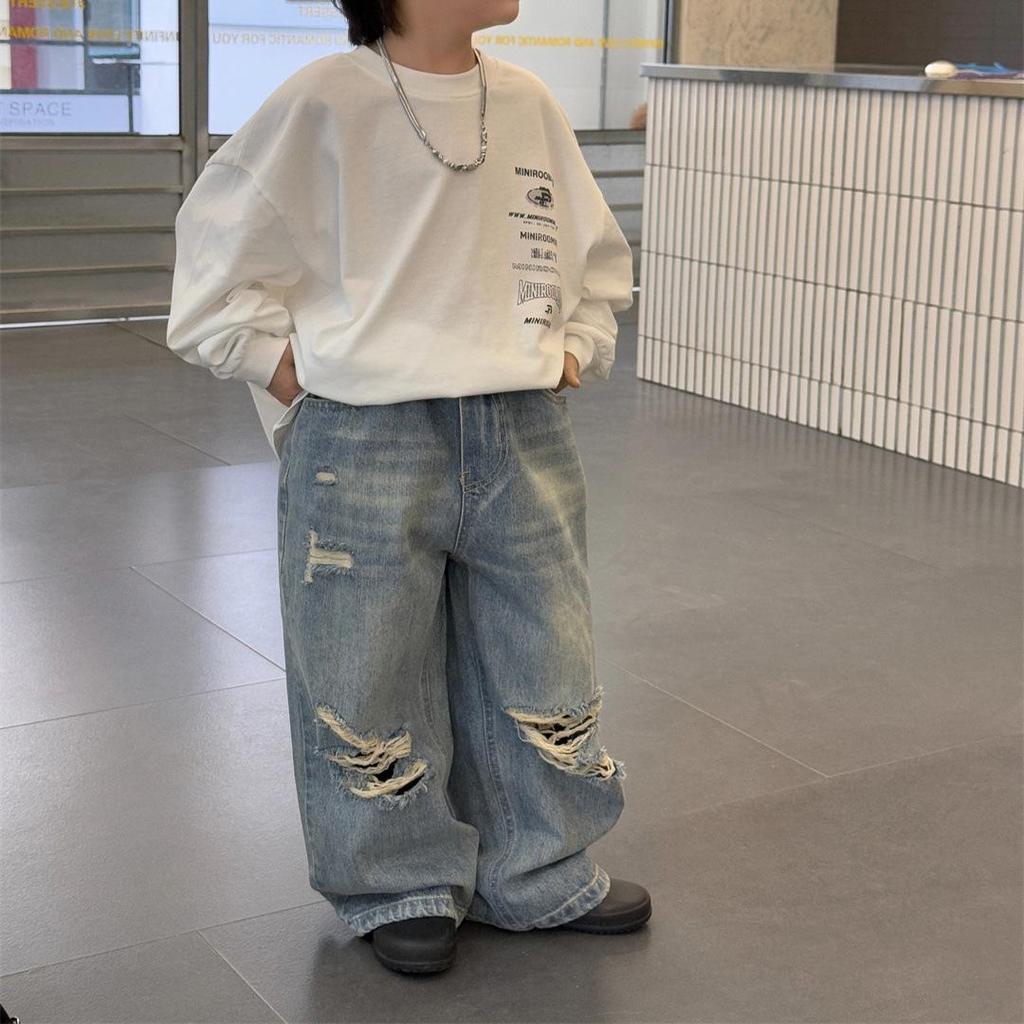Wood Sheep Spring 2025 Kids' Wide-Leg Jeans with Ripped Hems - Trendy for Boys and Girls