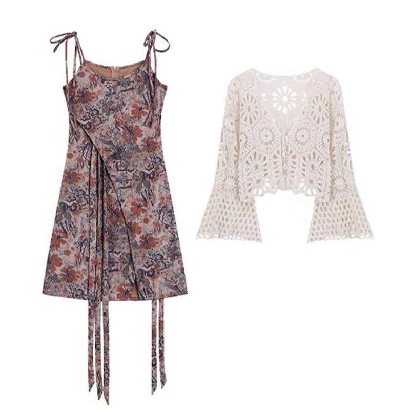 

100.00кг Этнический Приморский Отпускной Стиль Костюм Юбка на Подтяжках Кружевной Кардиган Солнцезащитный Комплект Костюм Экспортный Большого Размера Женская Одежда Cardigan 4XL