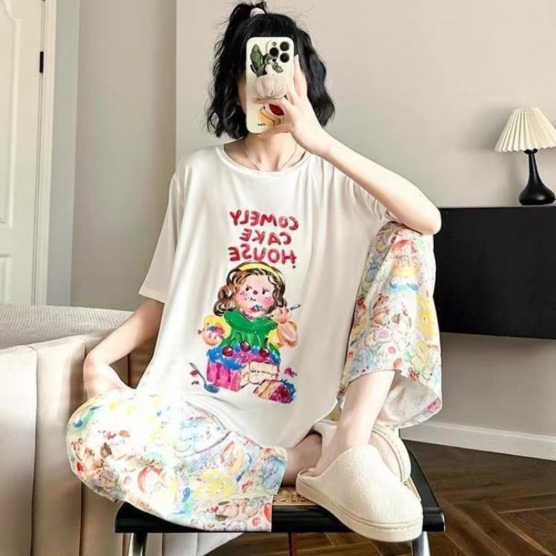 Pajamas women's short-sleeved trousers summer cartoon cute 2 new cartoon spring and summer loungewear suit can be worn outside