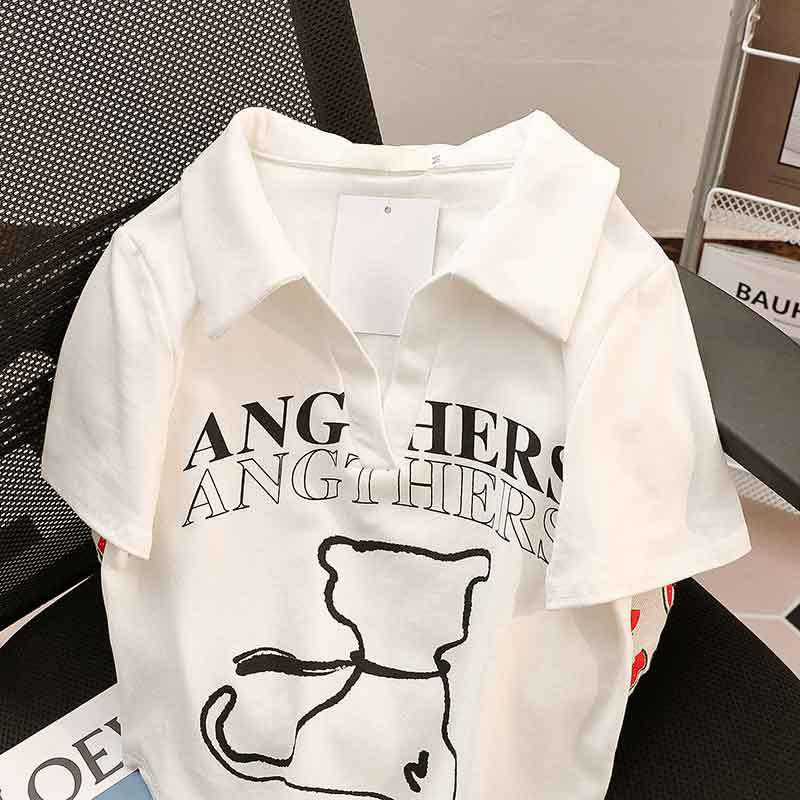 

Women s Summer White Printed Polo Collar Short Sleeve T-Shirt 3XL (Recommended for 130-140 jin)