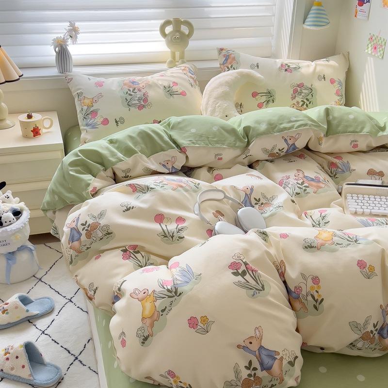 4Pcs Set Class A Maternal Infant Grade Small Fresh Grinding 4-Pcs Set Skin-Friendly Bed Sheet Washed Cotton Quilt Cover Dormitory 3-Piece Set