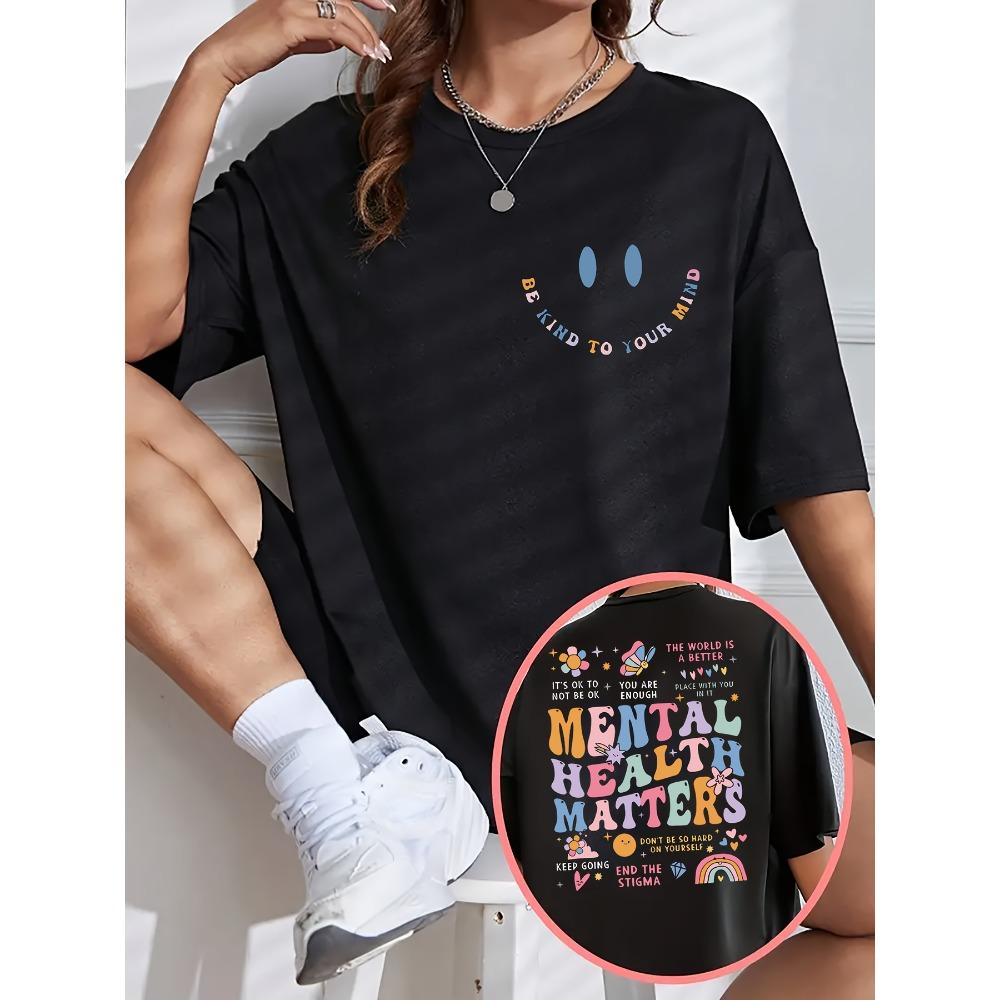 

Women Cotton Short Sleeves T-shirts Men tal Health Matters Women s Tee Positive Graphic Casual Black Oversized Top S