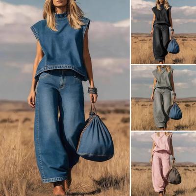 Sommer 2-teiliges Denim-Set für Damen, Oberteil mit Kappenärmeln und Stehkragen und weiter Hosenanzug, Lässiges lockeres Loungewear-Outfit