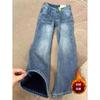 Retro non-stick leg slightly pulled jeans women's autumn and winter fleece thickened m thin flared wide-leg pants