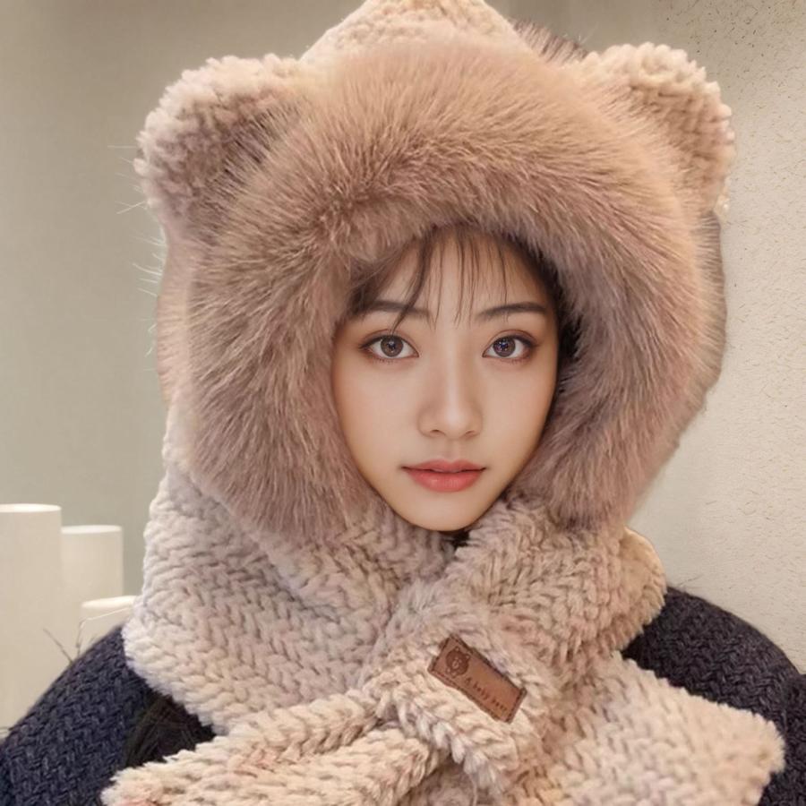 Cute Shiba Inu Long Ear Plush Winter Hat Scarf Set for Girls, Warm Two-Piece Cartoon Outfit