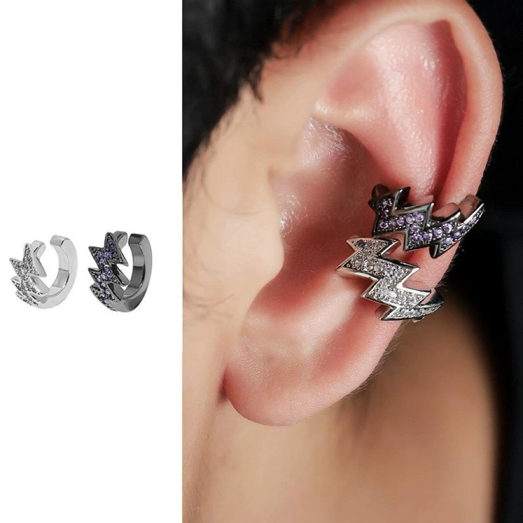 Inlaid With Purple Diamonds, Lightning Ear Clips, Male Tide Irregular Electrocardiogram Earrings, Personality, Inlaid With Zircon Earrings