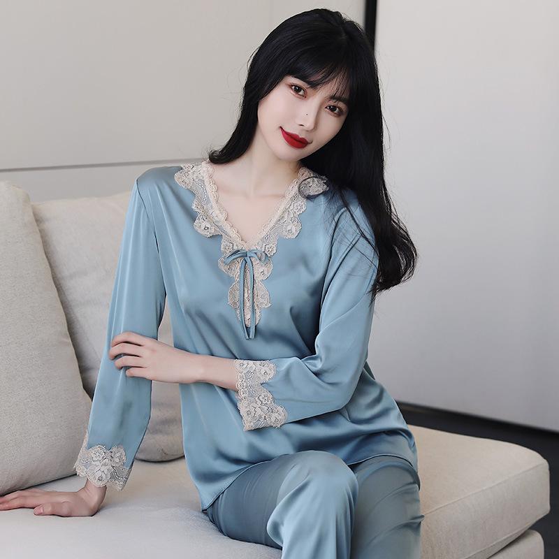 Women’s Korean Style Ice Silk Pajama Set Long Sleeve Top and Pants Spring Summer Autumn Lightweight Loungewear