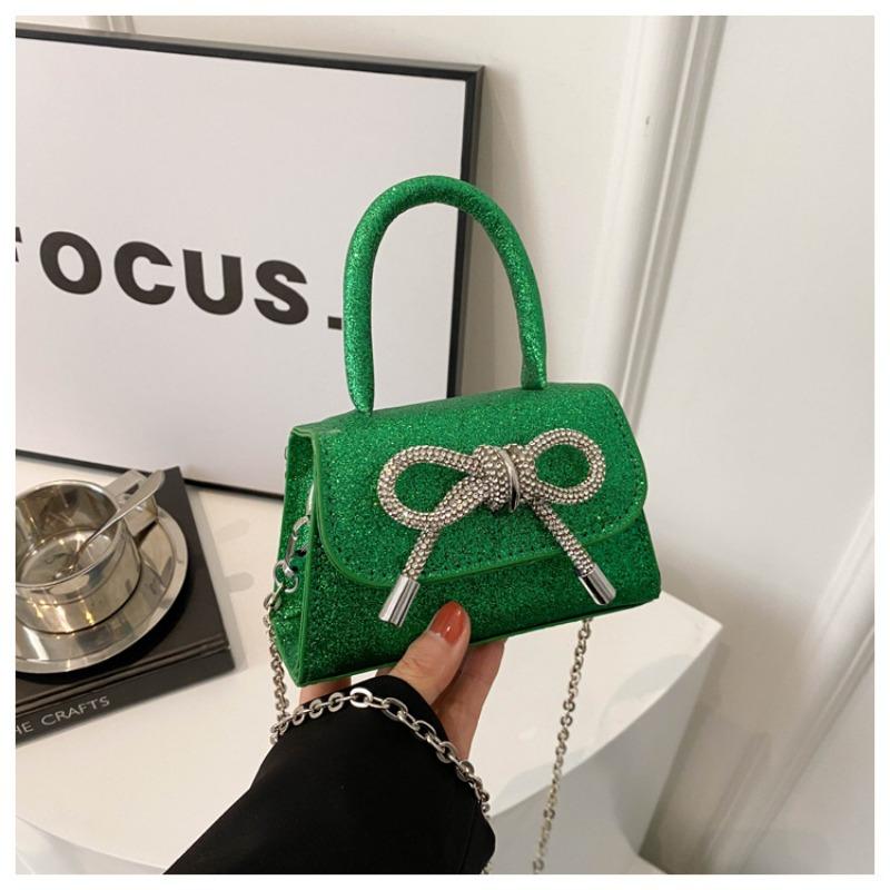 

1pcs PU Leather Glitter Small Square Handbag with Detachable Chain Strap & Bow Design Women s Fashion Shoulder Bag 14x9x5.5cm зелёный