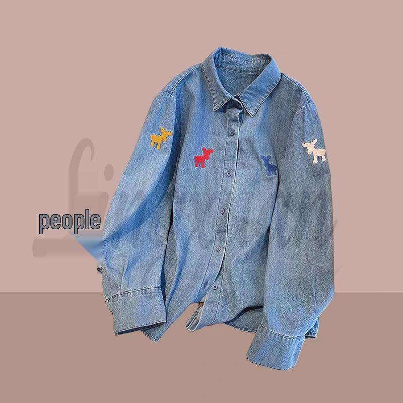 

Korean Colorful Elk Embroidered Loose Denim Top for Spring Layering XL синий
