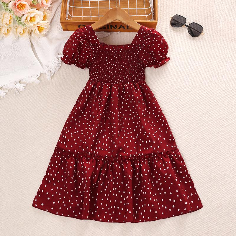 Girls' Summer Retro Polka Dot Hepburn Style Short-Sleeve Princess Dress