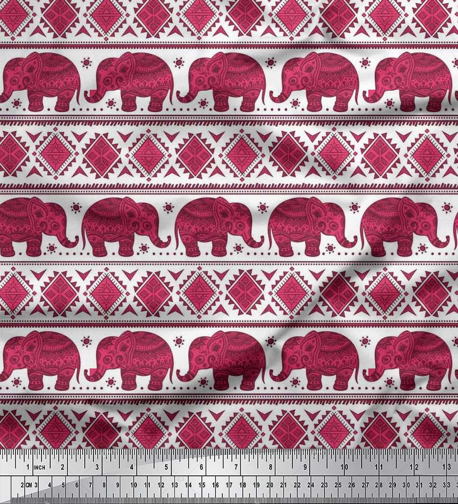 Soimoi Japan Crepe Satin Fabric Aztec & Tribal Elephant Ethnic Print Sewing Fabric Metre 42 Inch