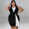 Plus Size Womens Sleeveless Color Block Rhinestone Embellished Dress Knit Midi Casual Vintage Chic Outfit