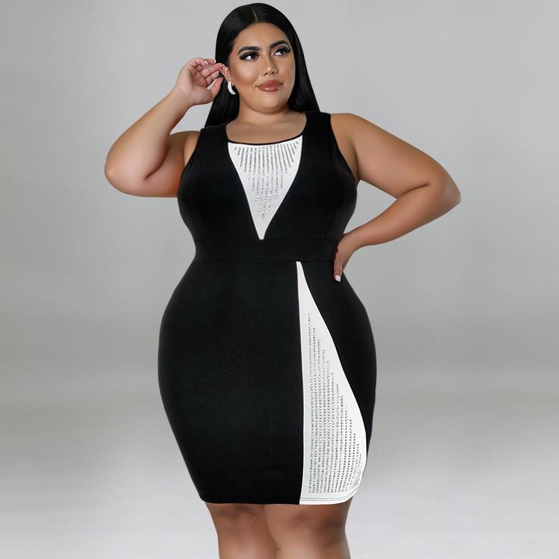 Plus Size Womens Sleeveless Color Block Rhinestone Embellished Dress Knit Midi Casual Vintage Chic Outfit