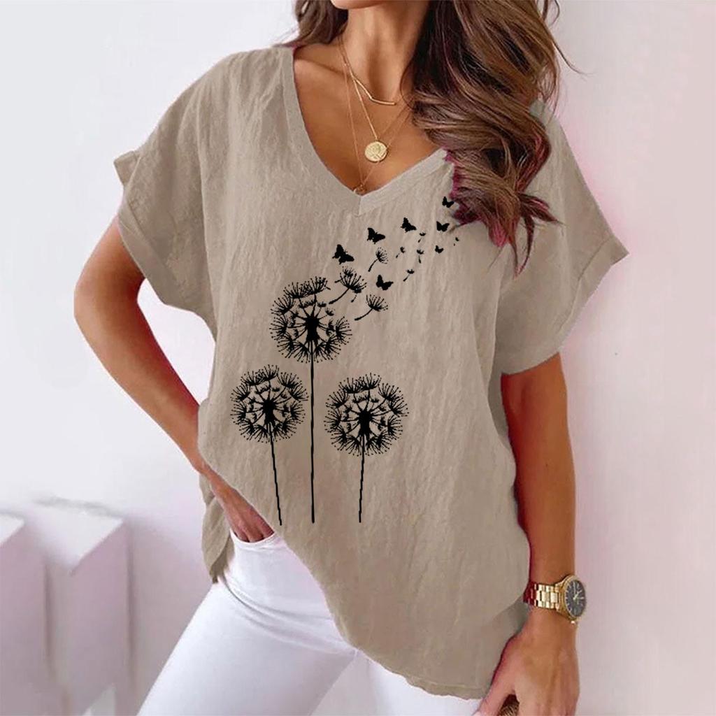 Plus-size Women's Plain Color V-neck Cotton and Linen Casual Bat Short-sleeved T-shirt for Women