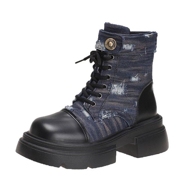 

2024 Белые Новые Женские Ботильоны из парусины Осенние Женские Панк-Ботинки На Молнии На Толстой Подошве Шнуровка Ботинки Армейские Женские Mujer 35 синий