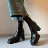 French leather niche high heel thin boots square head waterproof table short boots women's thin elastic boots small bare boots