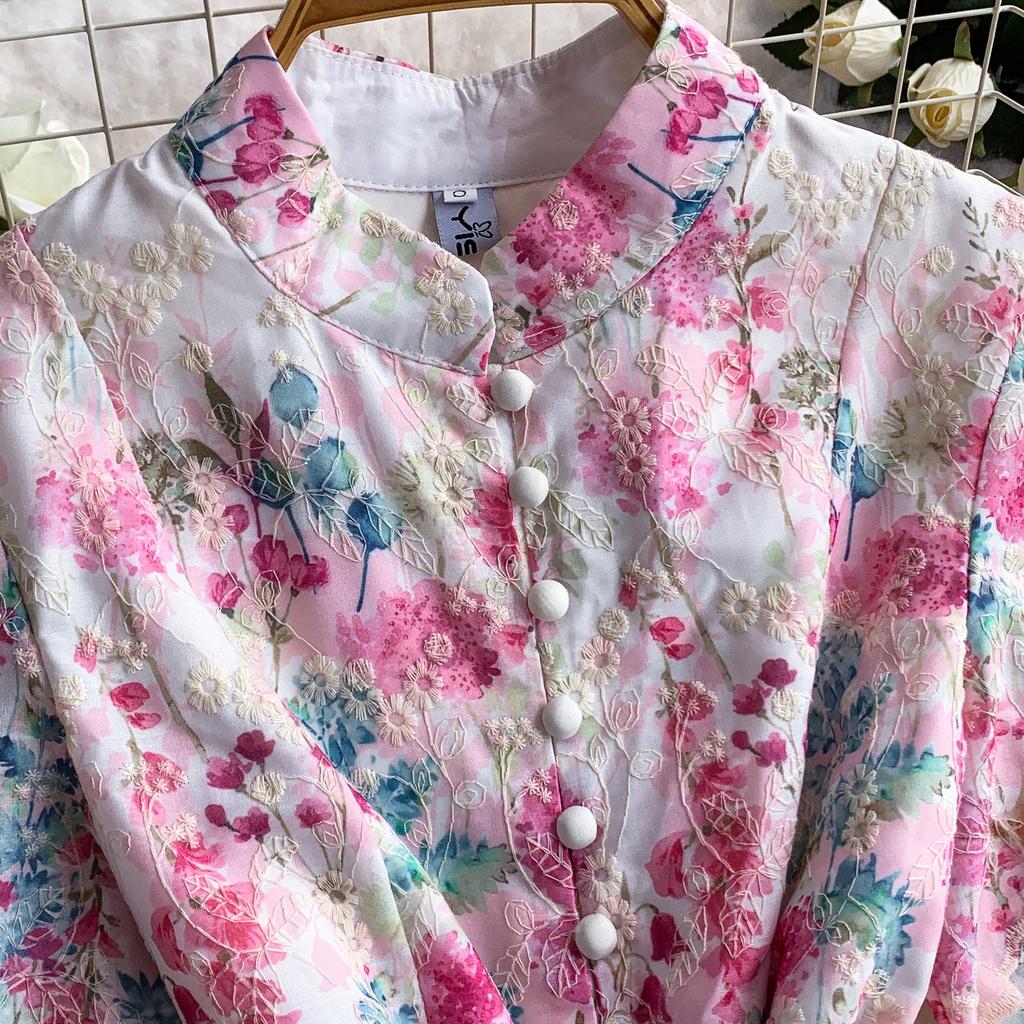Elegant A-Line Dress for Women High-Quality Embroidery Flower Stand Collar Short Sleeve Fashion Runway Summer Dress Female 2026