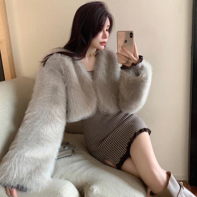 

Осень и зима новый продукт искусственный мех высокая талия короткое пальто имитация лисы тока меховое пальто женская мода One Size